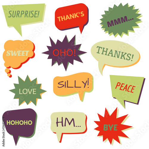 Set of speech bubbles on a white background with different inscriptions in the middle. Speech bubbles with short phrases. Vector illustration.
