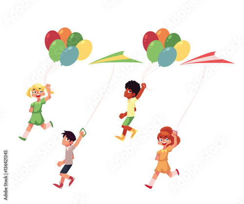 Kids, boys and girls, running with colorful kites and balloons, cartoon vector illustration isolated on white background. Set of kids, children running with kites and balloons flying in the sky