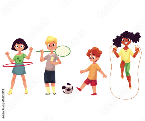 Kids twirling hula hoop, playing badminton and soccer, jumping over rope, cartoon vector illustration isolated on white background. Kids, children playing outside, summer activities, sport, playground