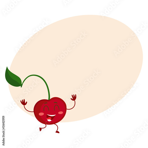 Cute and funny comic style cherry character running with hands up, cartoon vector illustration on background with place for text. Red and ripe cherry berry character, mascot with big eyes