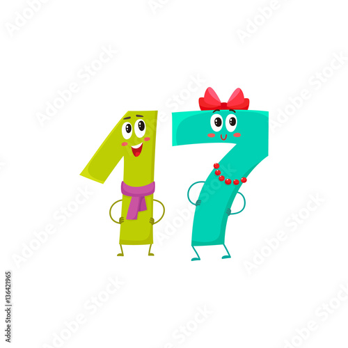 Cute and funny colorful 17 number characters, cartoon vector illustration isolated on white background. seventeen smiling characters, birthday greetings, anniversary