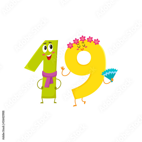 Cute and funny colorful 19 number characters, cartoon vector illustration isolated on white background.nineteen smiling characters, birthday greetings, anniversary