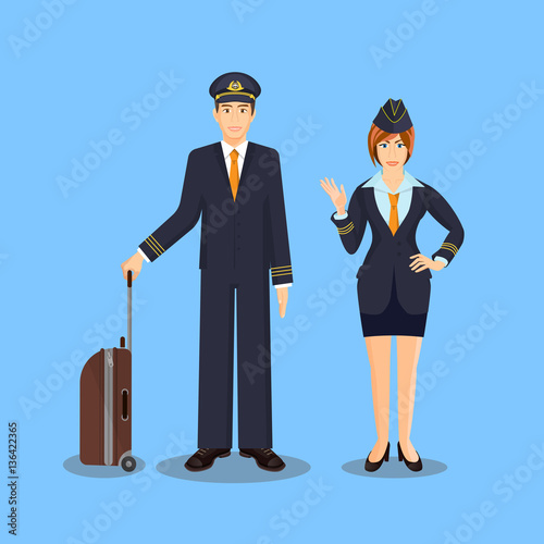 Pilot with brown suitcase and stewardess waving hand