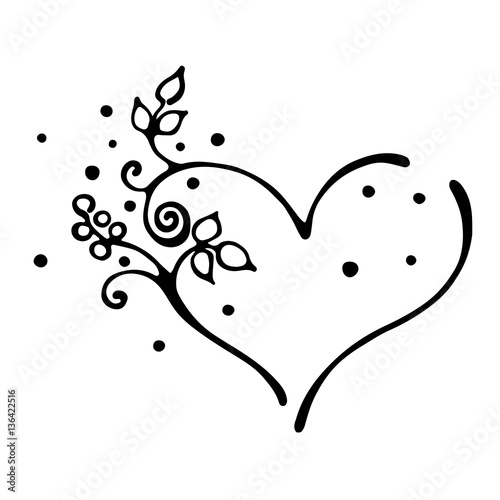 Vector hand drawn illustration, decorative ornamental stylized heart in shape of tree with branch, flowers, leaves, dots. Black and white isolated graphic outline illustration Line drawing silhouette.