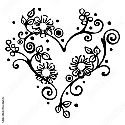 Vector hand drawn illustration, decorative ornamental stylized heart in shape of tree with branch, flowers, leaves, dots. Black and white isolated graphic outline illustration Line drawing silhouette.