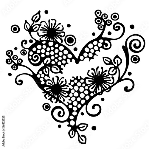 Vector hand drawn illustration, decorative ornamental stylized heart in shape of tree with branch, flowers, leaves, dots. Black and white isolated graphic outline illustration Line drawing silhouette.