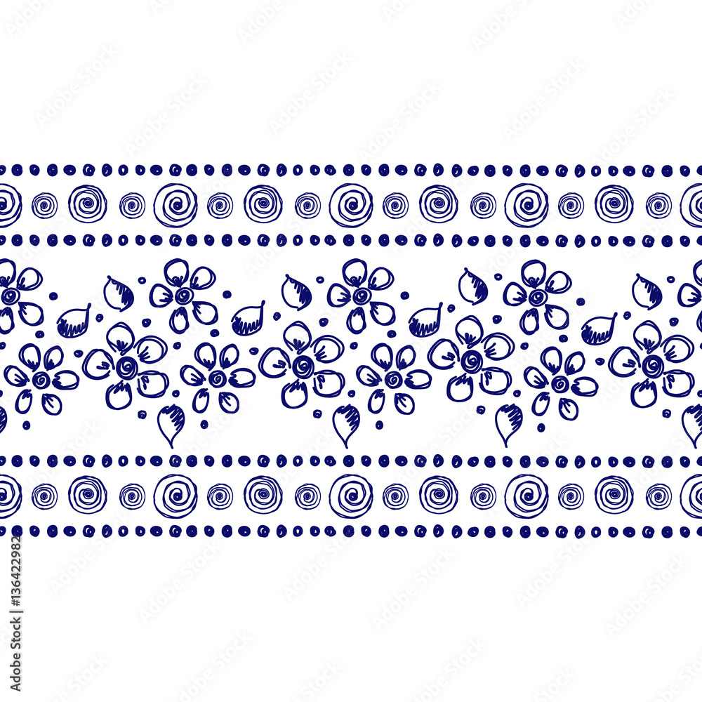 Seamless vector hand drawn floral pattern, endless border, frame with flowers, leaves. Decorative cute graphic line drawing illustration. Print for wrapping, background, fabric, decor, textile Seamless vector hand drawn floral pattern, endless border, frame with flowers, leaves. Decorative cute graphic line drawing illustration. Print for wrapping, background, fabric, decor, textile