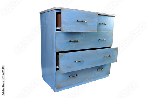 Vintage wooden chest drawer isolated on white background. Chest handmade