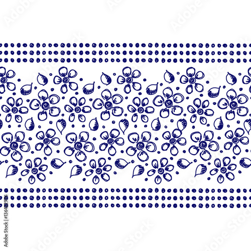 Seamless vector hand drawn floral pattern, endless border, frame with flowers, leaves. Decorative cute graphic line drawing illustration. Print for wrapping, background, fabric, decor, textile