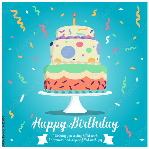 Happy birthday - cake and ribbon party on blue background vector design