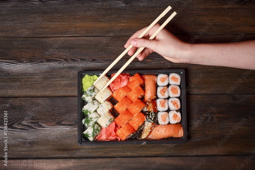 sushi and rolls, rice with seafood, Japanese food sushi and rolls, rice with seafood, Japanese food