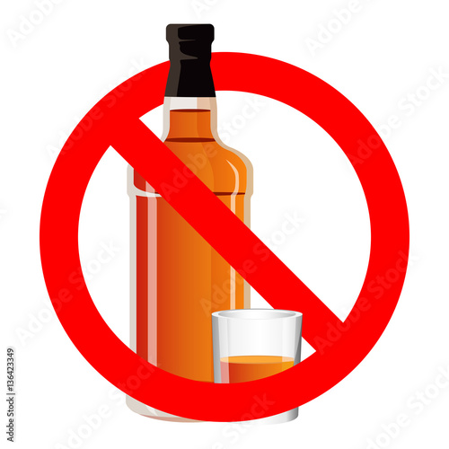 Bottle of alcohol drink and stemware in no allowed sign
