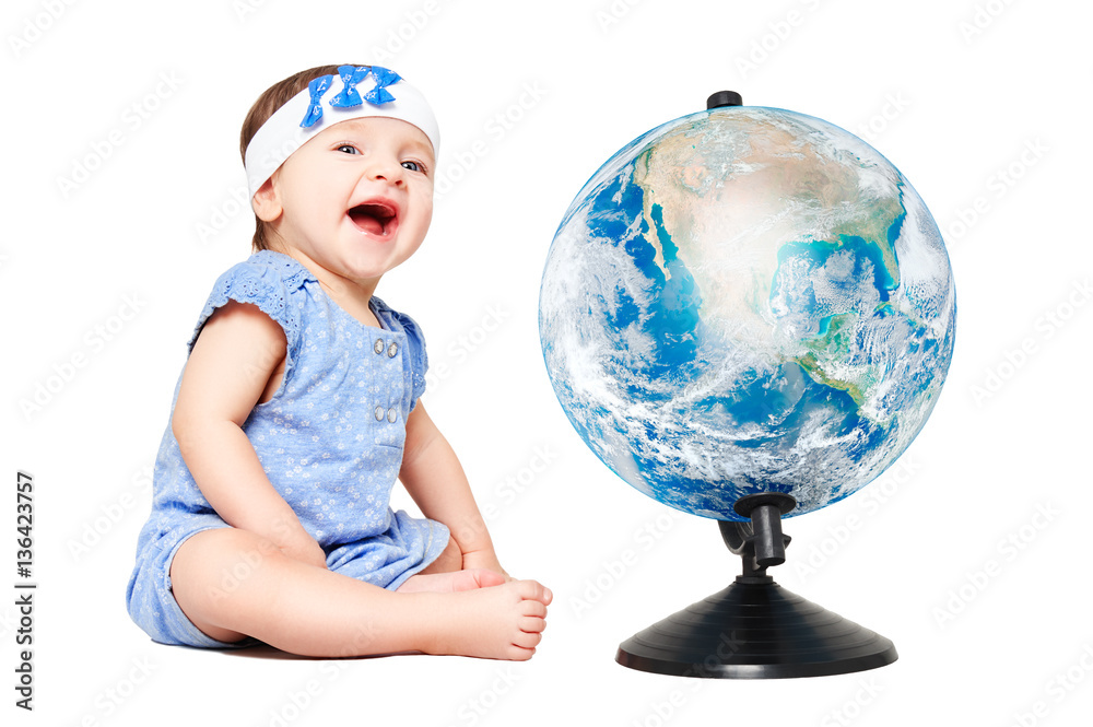 Cute cheerful little girl sitting next to world globe, isolated on white background. Elements of this image furnished by NASA. Cute cheerful little girl sitting next to world globe, isolated on white background. Elements of this image furnished by NASA.