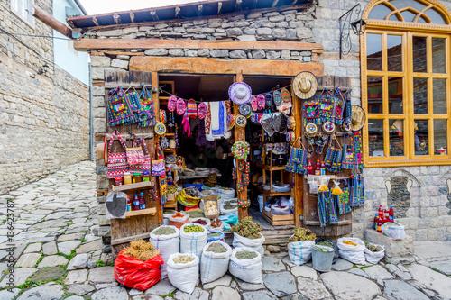 Shop with souvenirs and tea, Lahich, Azerbaijan © dinozzaver