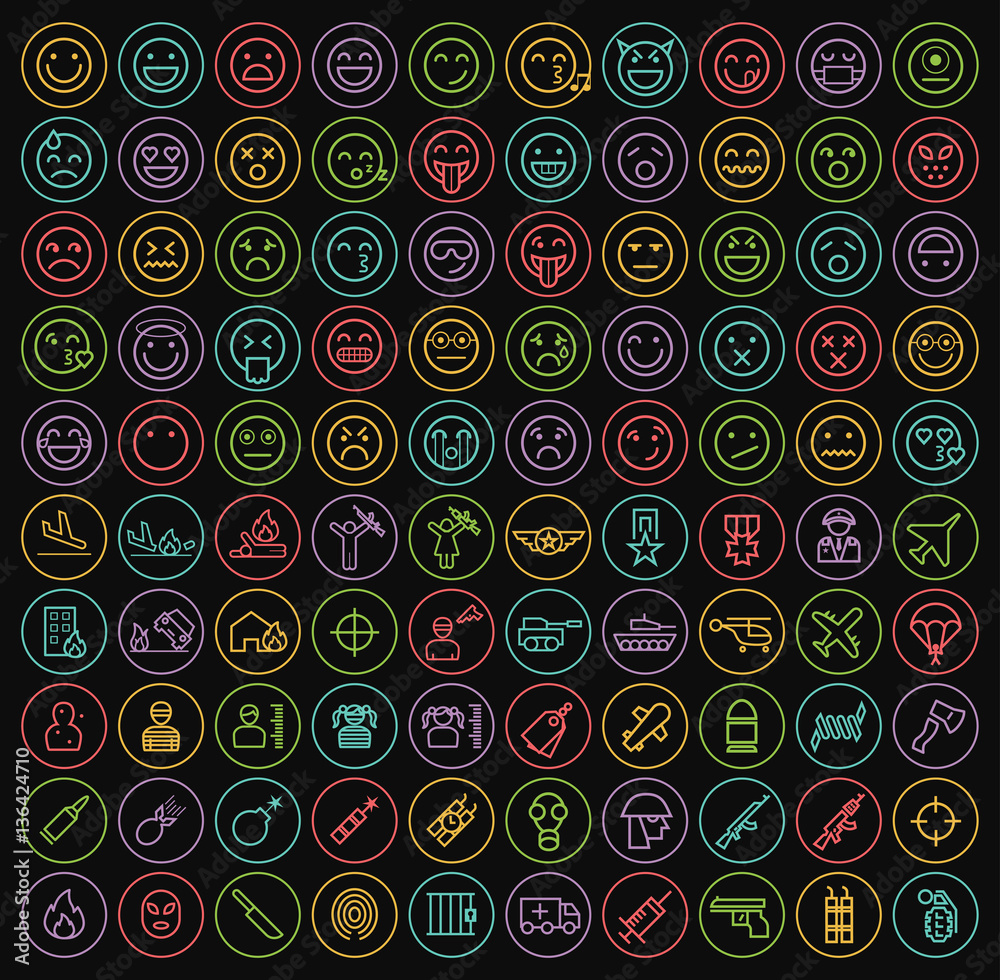 Set of 100 Isolated Minimal Modern Simple Elegant Color Stroke Icons on Circles on Black Background ( Emoticons , War and Terrorism ) Set of 100 Isolated Minimal Modern Simple Elegant Color Stroke Icons on Circles on Black Background ( Emoticons , War and Terrorism )