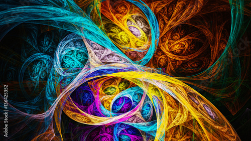 Colored lace. Curls. 3D surreal illustration. Sacred geometry. Mysterious psychedelic relaxation pattern. Fractal abstract texture. Digital artwork graphic astrology magic