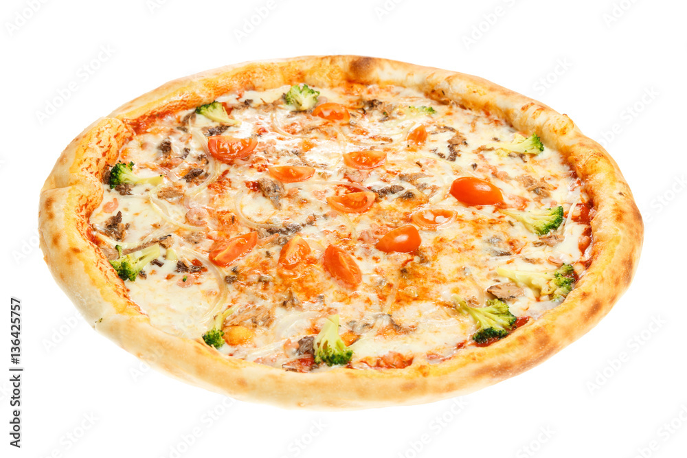 Delicious classic italian Pizza with shrimps, tomatoes and cheese