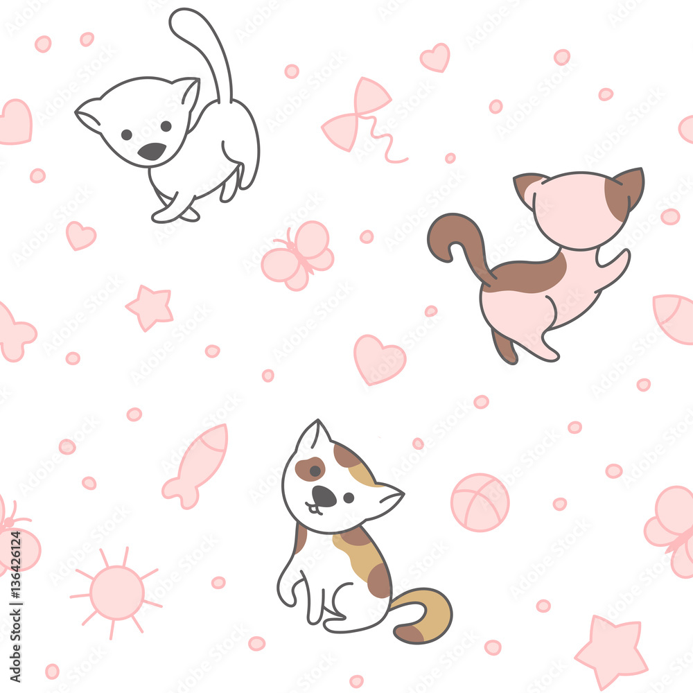 Fototapeta premium Seamless pattern with cute kittens. Vector background suitable for packaging, textile, wallpaper or prints.