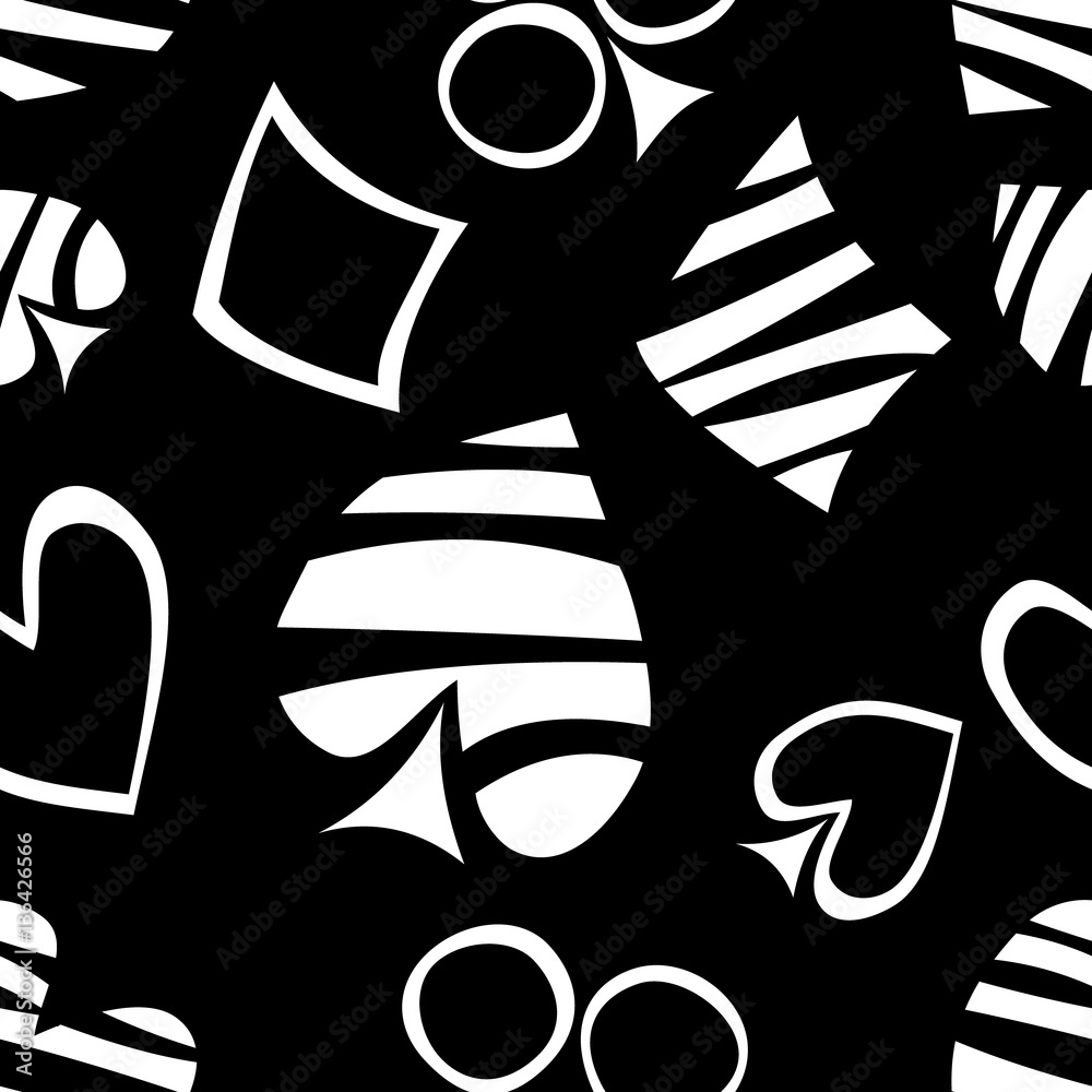 Seamless vector pattern with icons of playings cards. background with hand drawn symbols. Decorative repeat ornament. Series of Gaming and Gambling Seamless vector Patterns. Seamless vector pattern with icons of playings cards. background with hand drawn symbols. Decorative repeat ornament. Series of Gaming and Gambling Seamless vector Patterns.