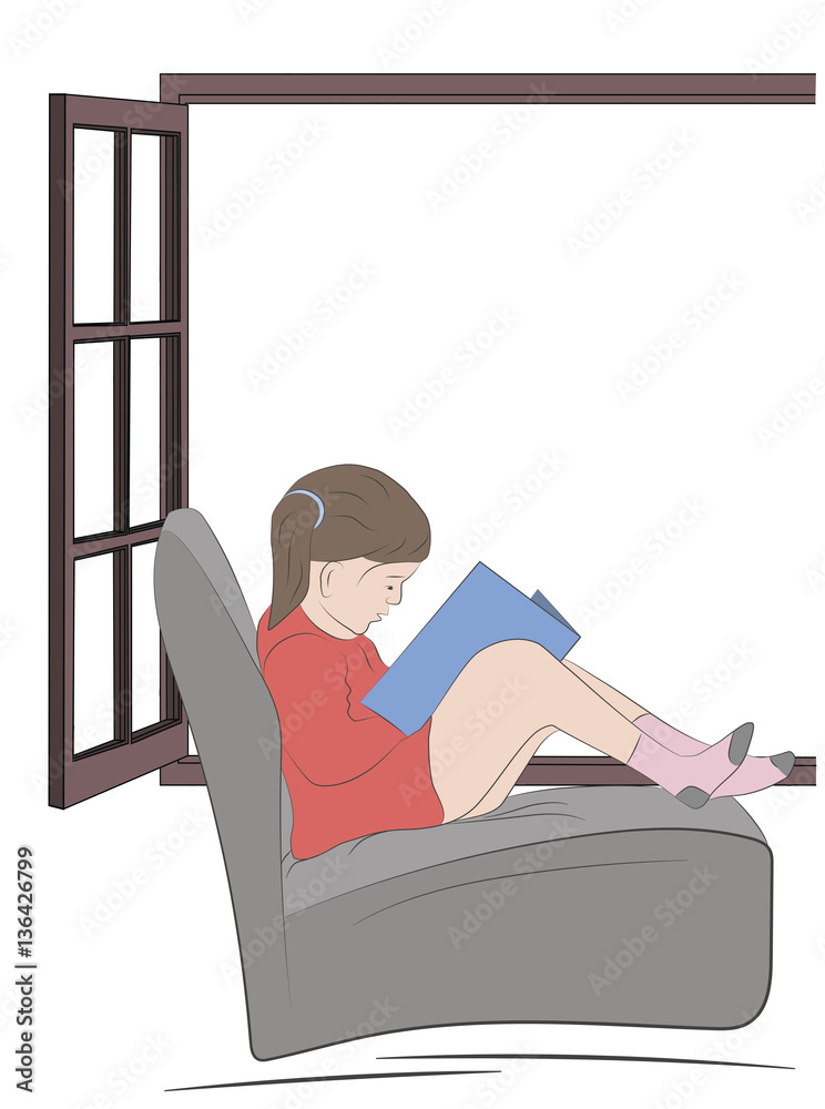 girl sitting near the window and reading a book. vector illustration ...