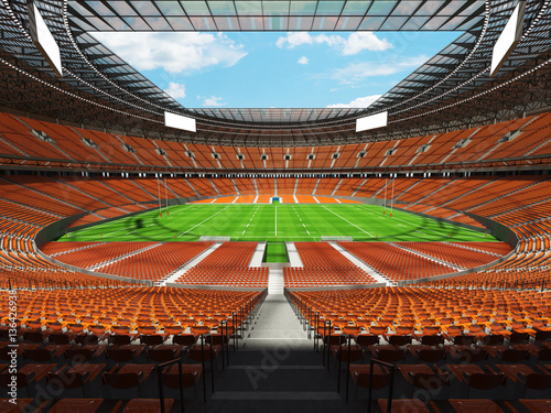 3D render of a round rugby stadium with orange seats and VIP boxes © Danilo