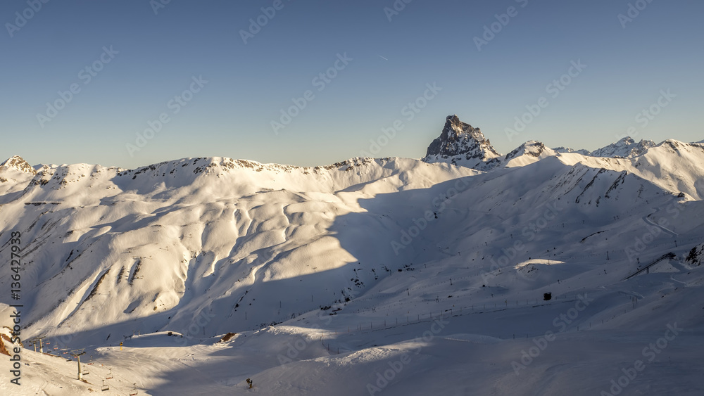 Astun ski resort winter landscape in Pyrenees Spain, 