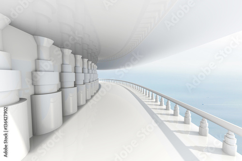 Abstract architectural view with long passage and balcony and remote ocean. 3d render