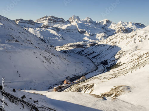 Astun ski resort winter landscape in Pyrenees Spain, 