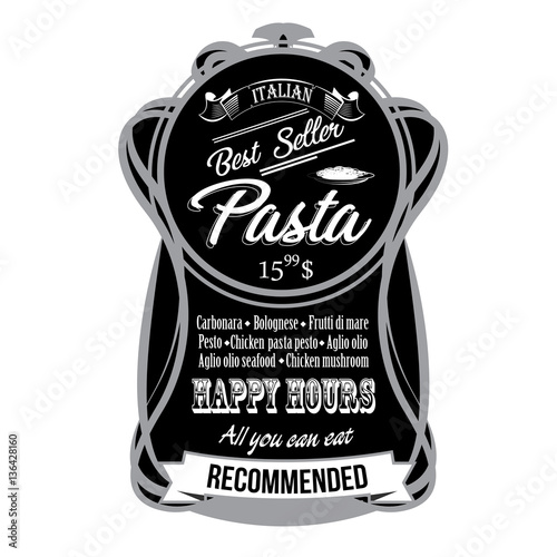 Poster of pasta in retro style stylized drawing with chalk. Vector
