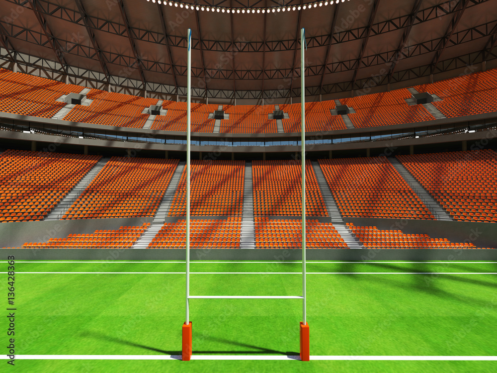 Obraz premium 3D render of a round rugby stadium with orange seats and VIP boxes