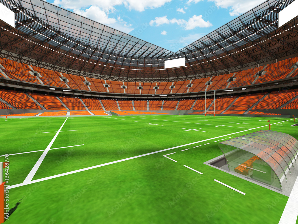 3D render of a round rugby stadium with orange seats and VIP boxes