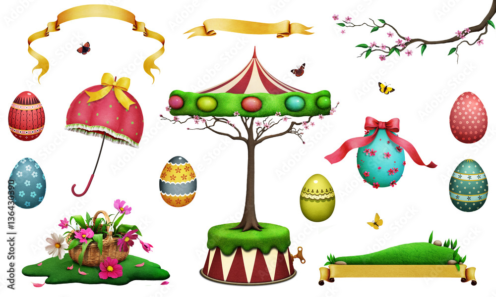 Naklejka premium Easter holiday set of fantasy beautiful spring Easter item for greeting card or poster or illustration for your creativity. 