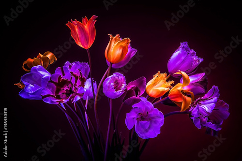 Neon colors in the dark. Tulips on a black background. Flowers f