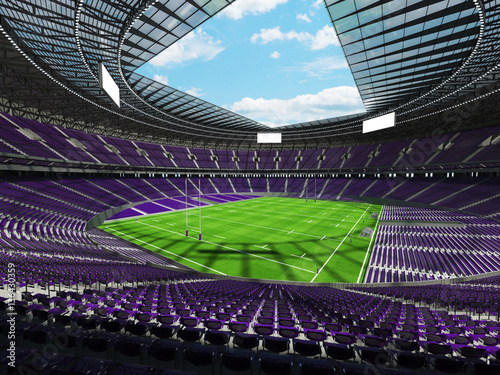 3D render of a round rugby stadium with purple seats and VIP boxes