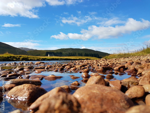 River Spey, Scottish Highlands, derelict bothy in the background photo