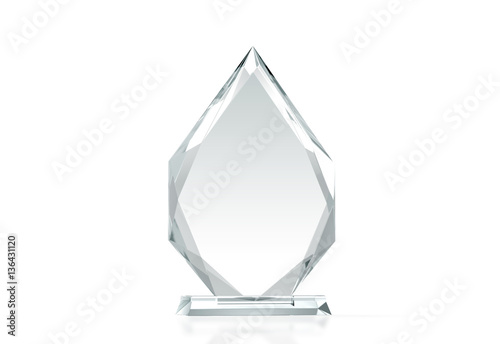 Blank arrow shape glass trophy mockup, 3d rendering. Empty acrylic award design mock up. Transparent crystal prize plate template. Premium grand prix prise plaque, isolated on white, front view. photo