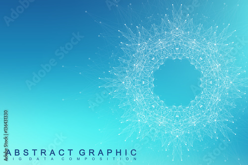 Fractal element with connected lines and dots. Big data complex. Virtual background communication or particle compounds. Digital data visualization, minimal array. Lines plexus. Vector illustration.