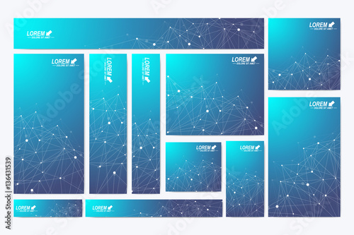Scientific standard size banners. Geometric abstract presentation. Medical, science, technology, chemistry background molecule and communication. Cybernetic dots. Lines plexus. Card surface.