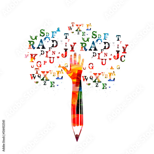 Colorful pencil with human hand and alphabet letters vector illustration