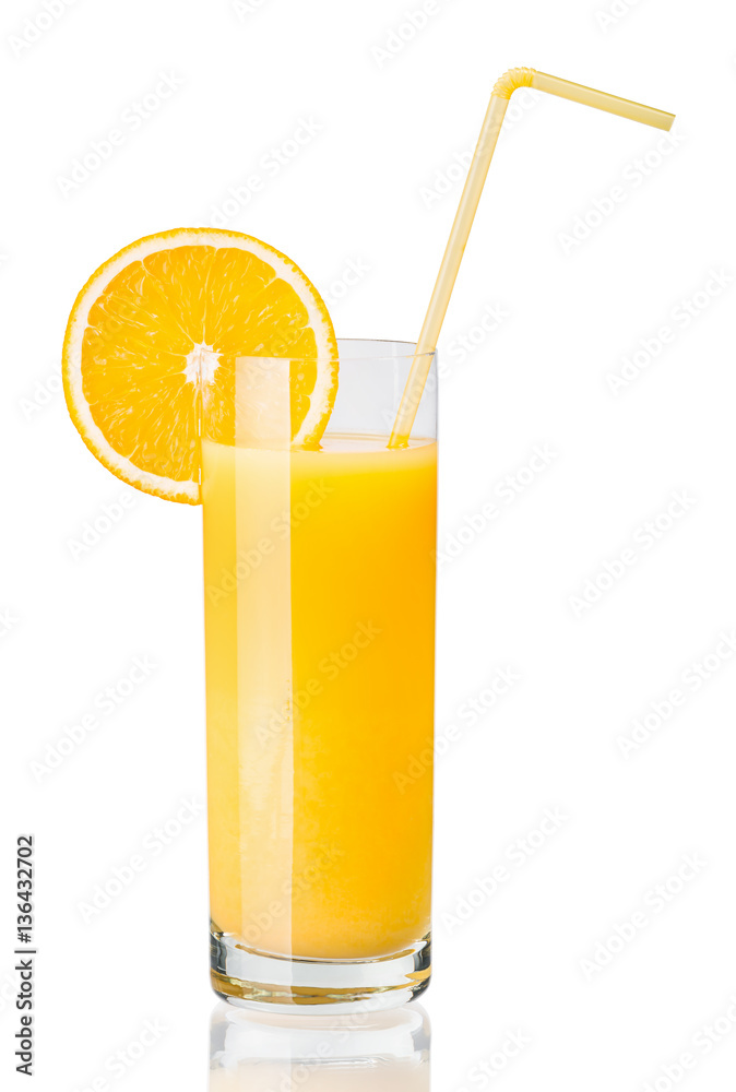 Orange juice and slices isolated on white Orange juice and slices isolated on white