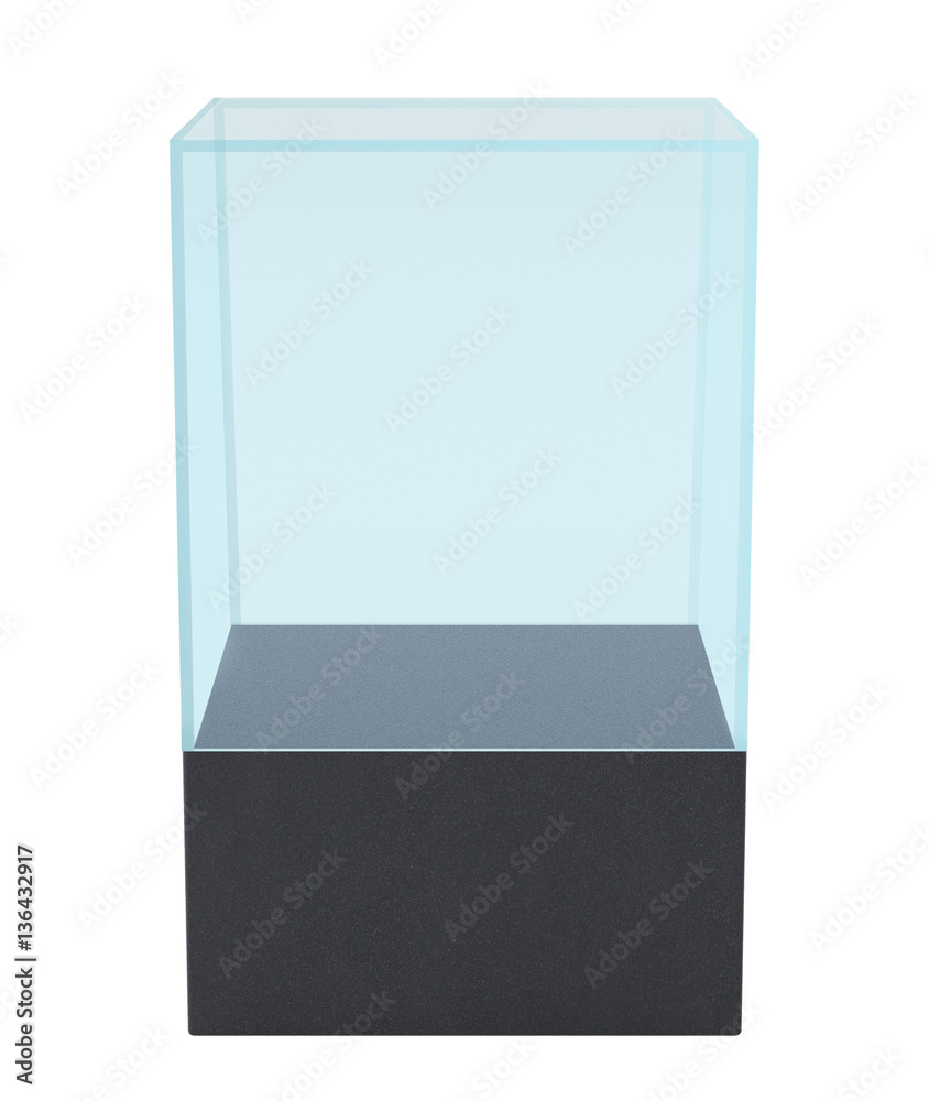 Empty glass showcase for museum exhibition on white background. Mockup object in form box, 3d rendering Empty glass showcase for museum exhibition on white background. Mockup object in form box, 3d rendering