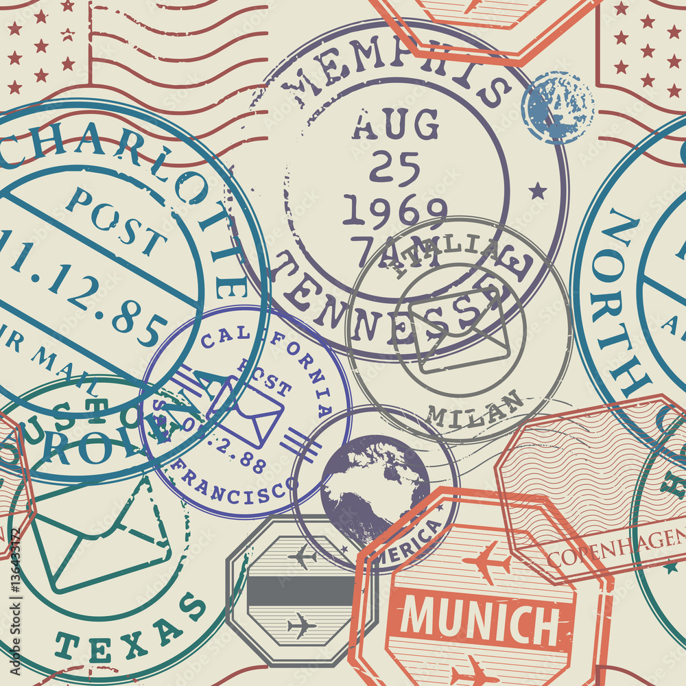 Travel stamps or adventure symbols set, seamless pattern
