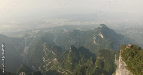 Aerial view of majestic peaks and Tianmen cave of Tianmen mountain national park, Hunan province, China