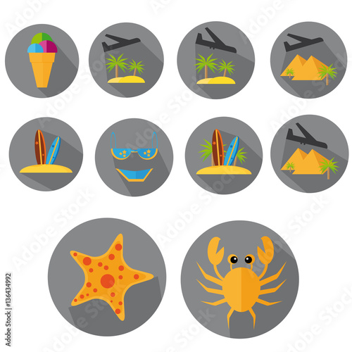 Flat Icon Set of Plane, Surfboard, Palm Tree For Travel And Beach