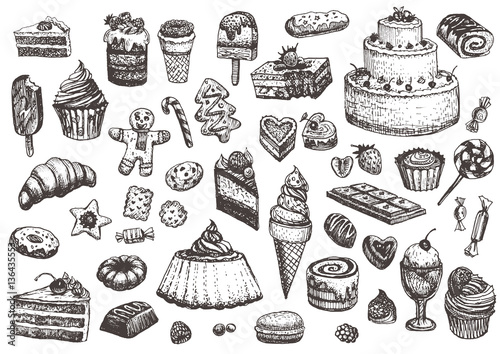 Illustration of cakes, pies, biscuits, ice cream, cookies, sweets and other confectionery products. Hand drawn sketch in vintage style.