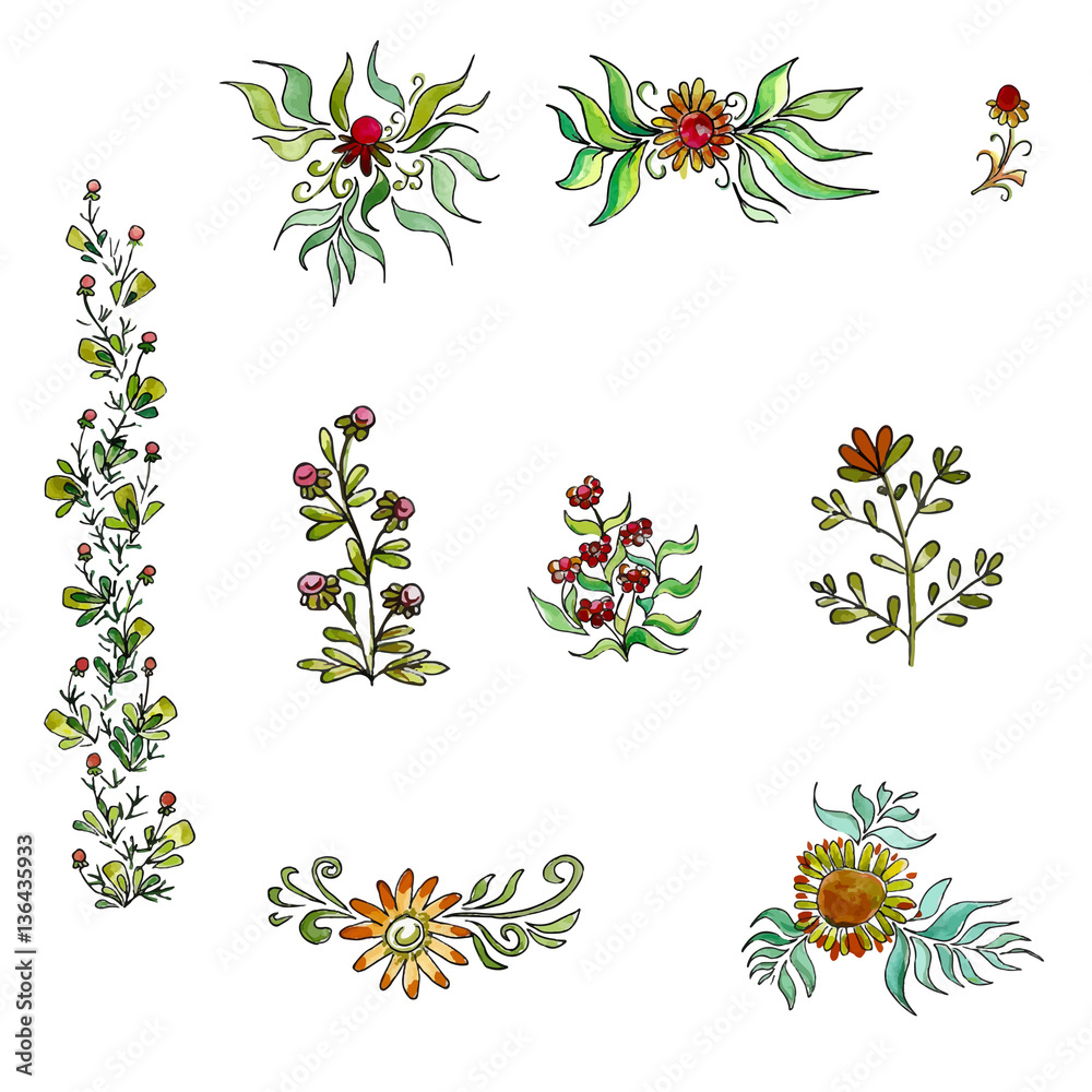 watercolor flowers in different styles