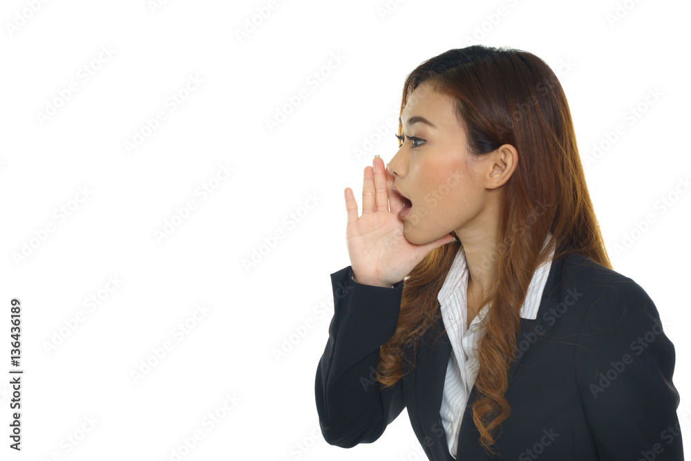 Portrait of woman speaking, shouting, communicating on white iso Portrait of woman speaking, shouting, communicating on white iso