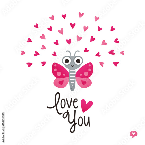 Cute love card in red and pink with butterfly and hearts. Text reads ‘Love You’. For Valentine’s Day greeting card, Anniversary, web banners, social media.