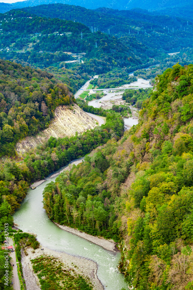 Vews of the gorge with the world's longest suspension footbridge Vews of the gorge with the world's longest suspension footbridge