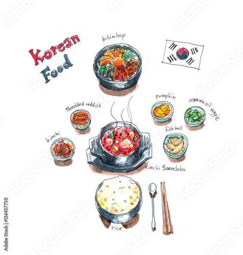 Korean food set doodle, kimchi soup, bibimbap and side dishes wa